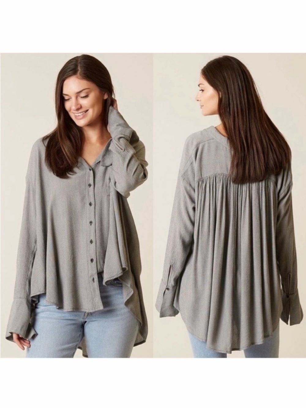 Free People Magic Breeze Oversized Button Down Tunic Gray Stripe L
